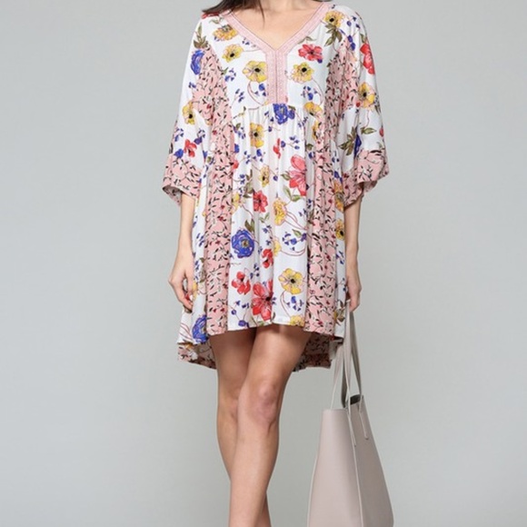 NWT Boho Mixed Floral Print Babydoll  Lace Mini Dress Patch Ivory Blush Summer - Picture 6 of 16